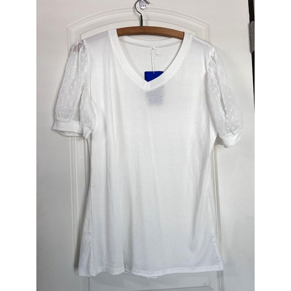 V Neck Short Sleeve Puff Sleeve White Blouse Womans L Casual‎ Loose Shirts